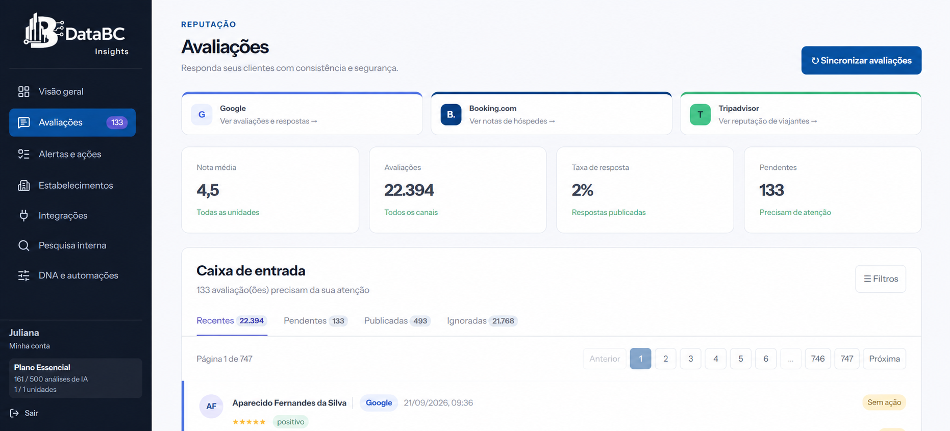 Página real de Avaliações do DataBC Insights